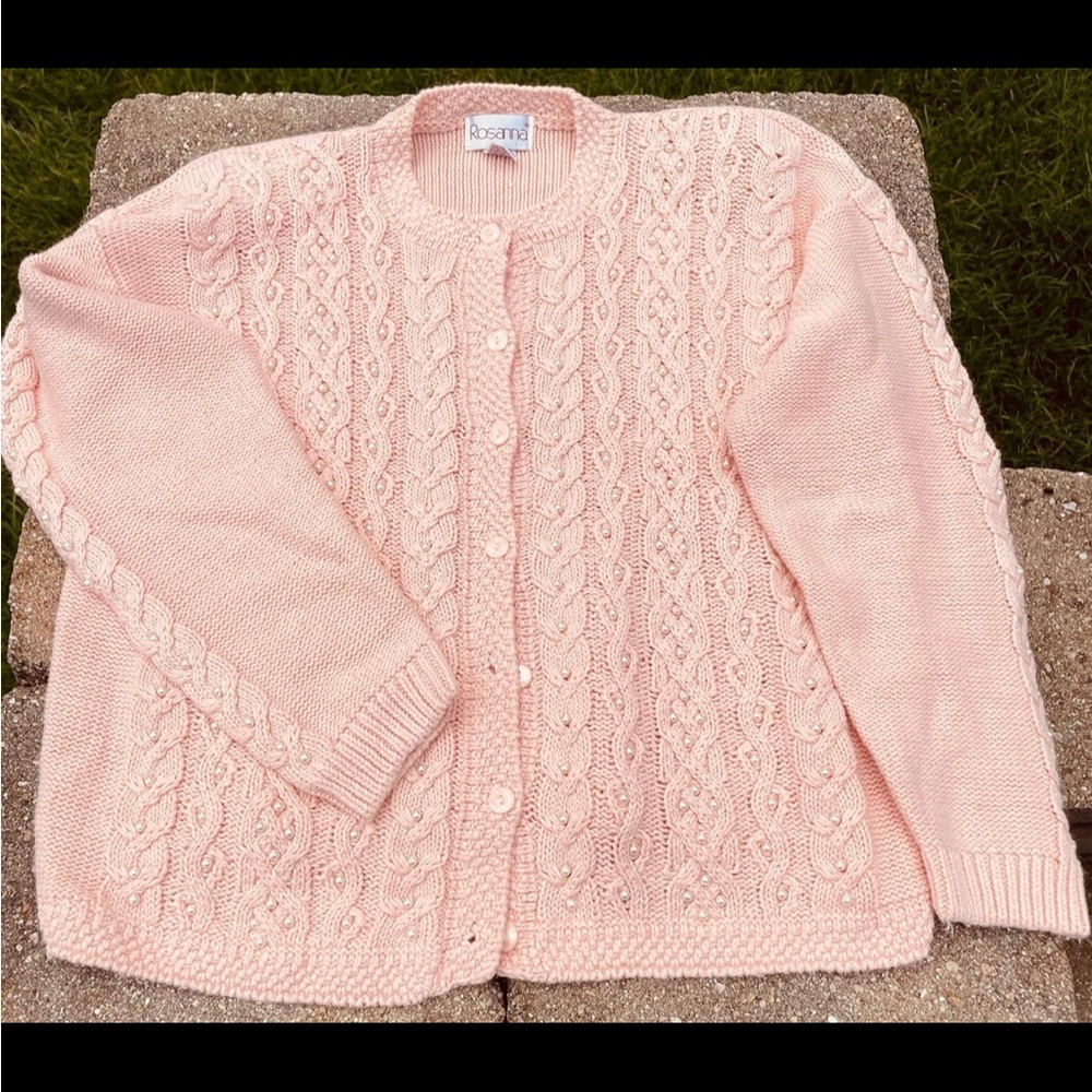 Vintage Rosanna Pink Cardigan Sweater with Embellished Pearls (L)